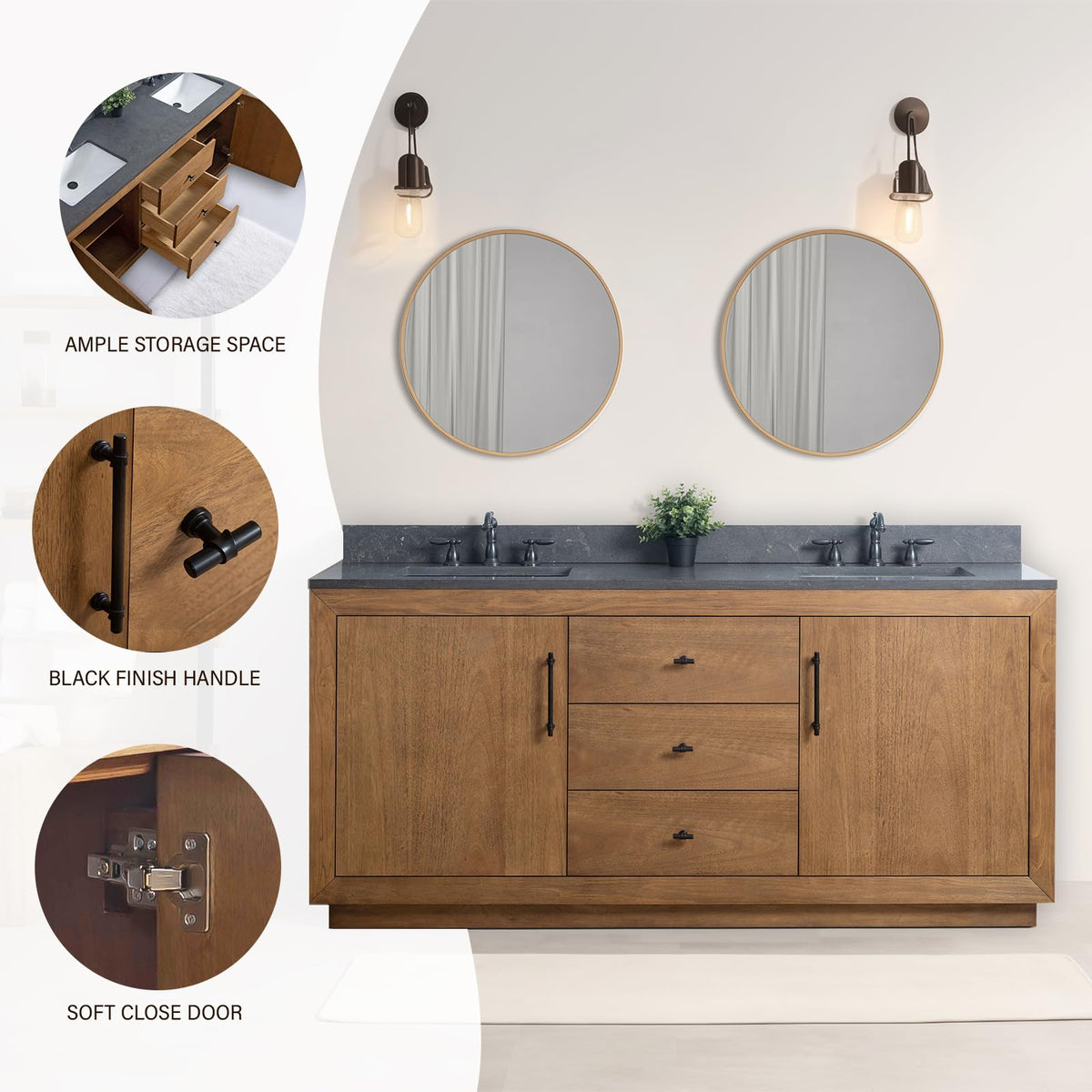 HOMEBEYOND 72" Bathroom Vanity with Double Sink & Ceramic Top, MDF Material Vanity Cabinet with Basin Combo, Soft-Closing Doors, Removable Shelf, Backsplash, Tan