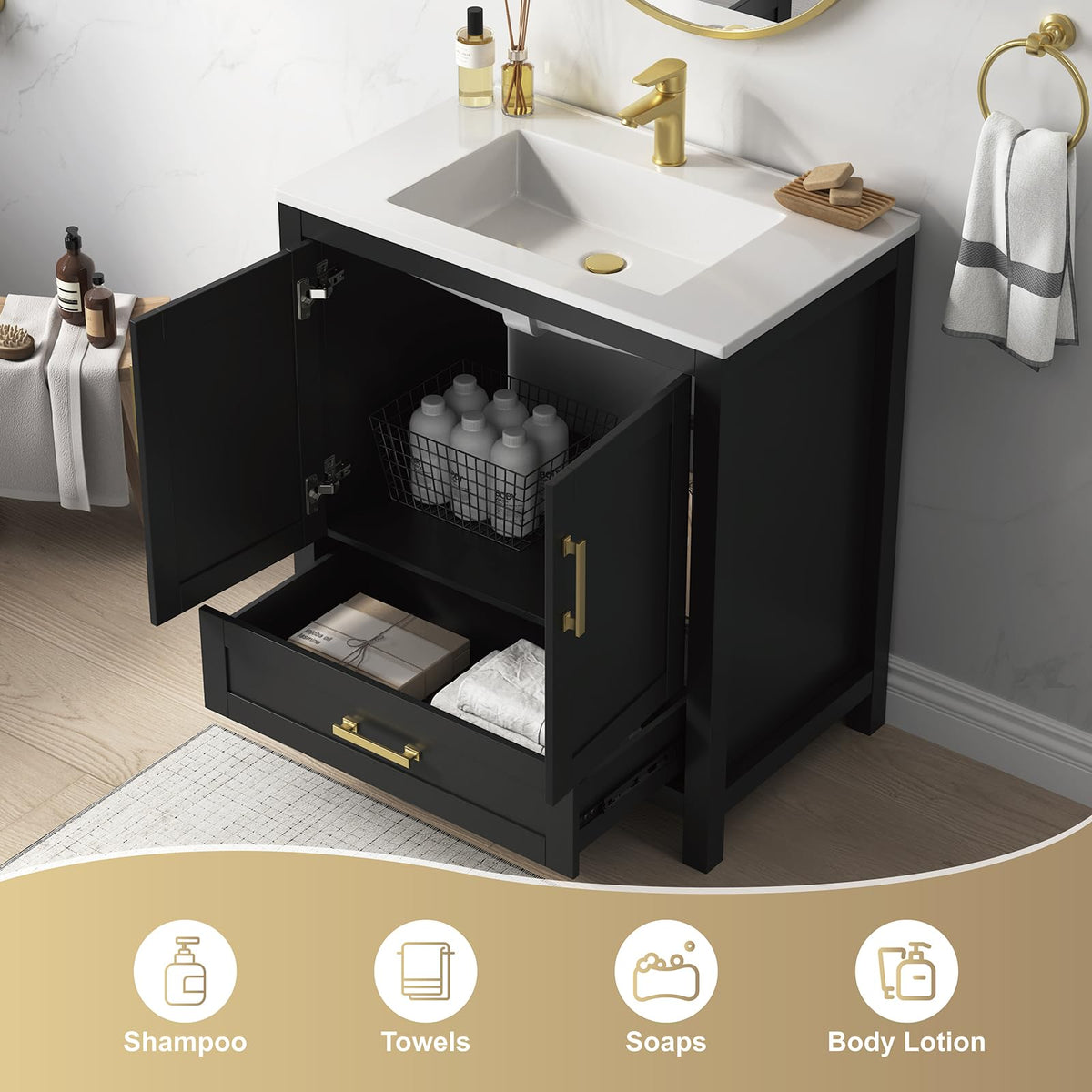 36 Inch Modern Bathroom Vanity with Sink, Black