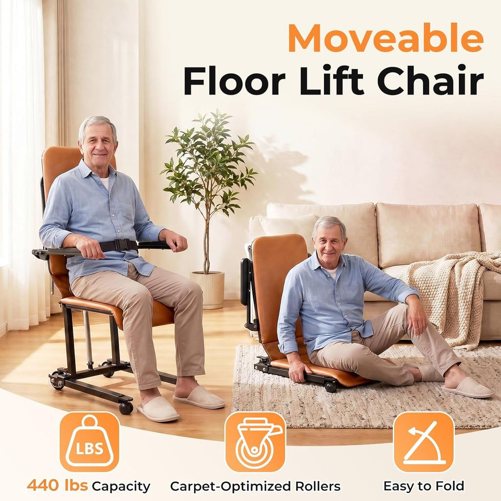 Steel Electric Floor Lift Chair with Wheels and PU Cushion, Floor Lift for Elderly, 440 LBS Capacity, Seat Belts and Handrails, Suitable for Home Use
