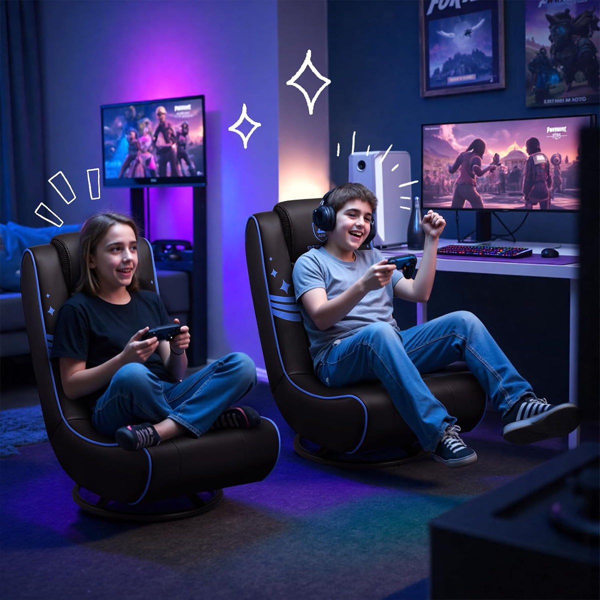 GTPLAYER Floor Gaming Chair Foldable Swivel Floor Chairs for Kids Boys Comfy Video Game Seat with 360Â° Multipurpose for Gamers, Bedroom or Game Room(Black-Blue)