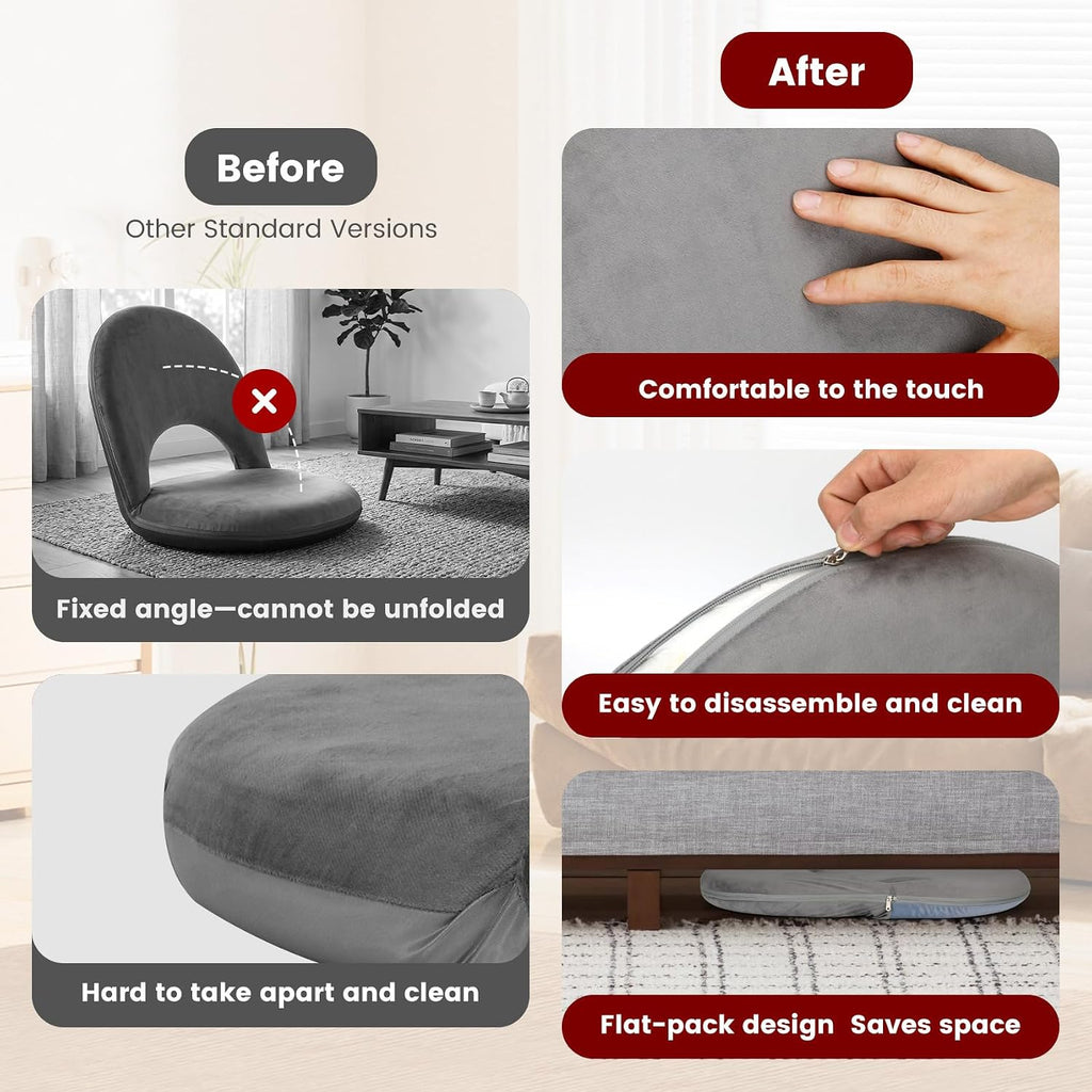 2Pcs Foldable Floor Chair with 5-Position Adjustable Back Support & Thick Padded Seat for Leisure, Gaming, Reading, Meditation, Indoor & Outdoor Use