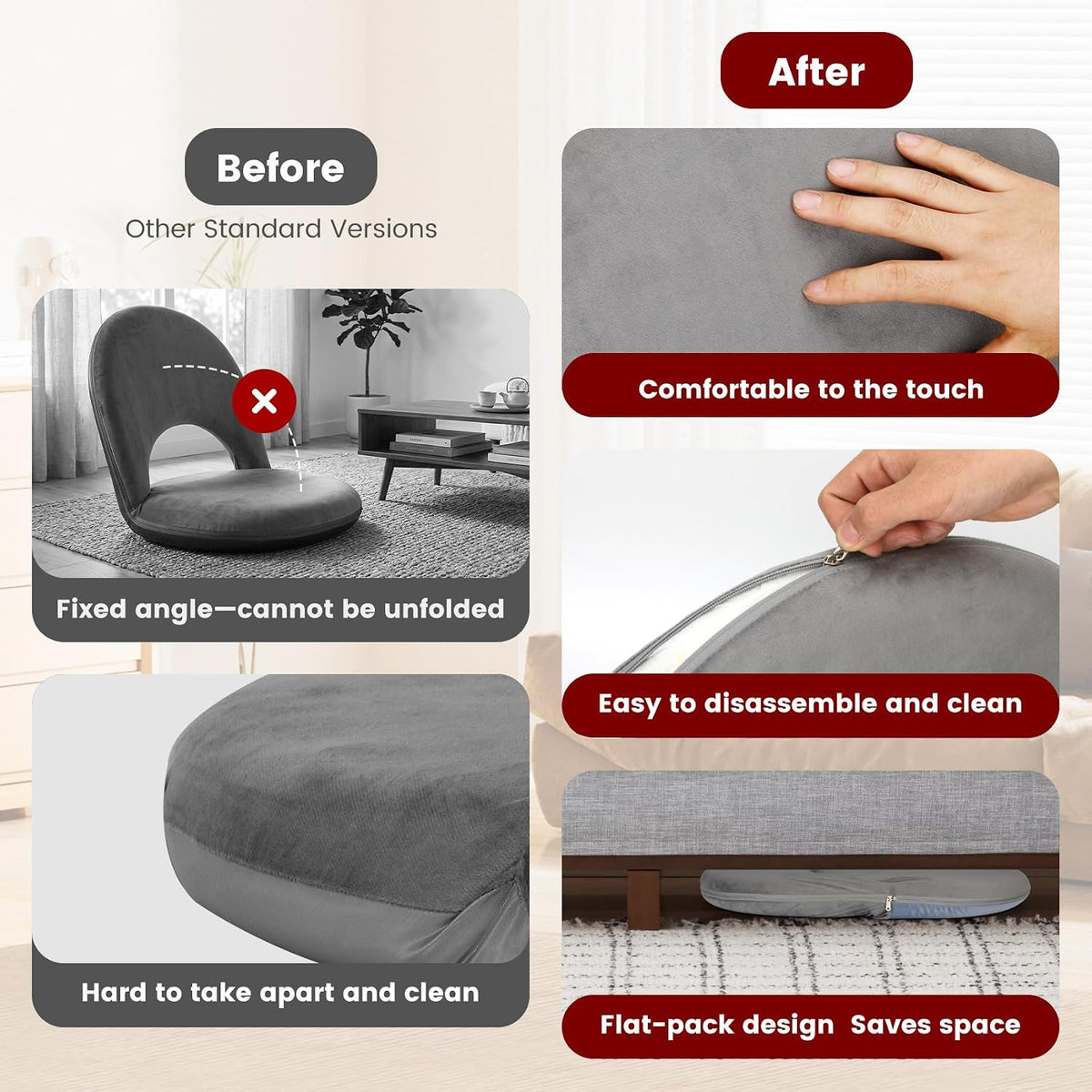 2Pcs Foldable Floor Chair with 5-Position Adjustable Back Support & Thick Padded Seat for Leisure, Gaming, Reading, Meditation, Indoor & Outdoor Use