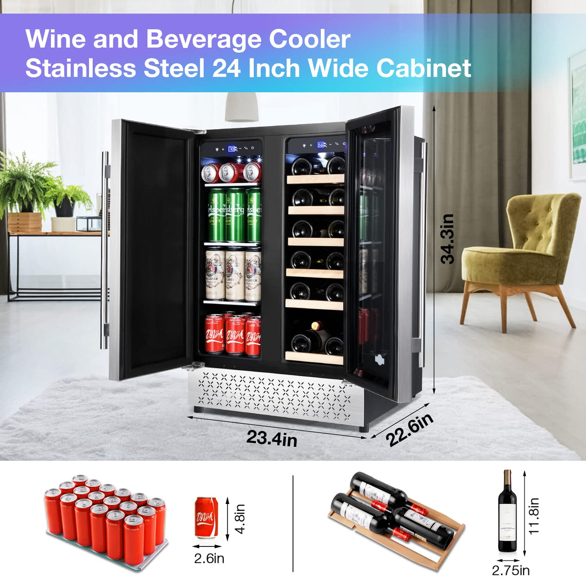 Tylza 24" Dual Zone Wine and Beverage Cooler Quiet Compressor