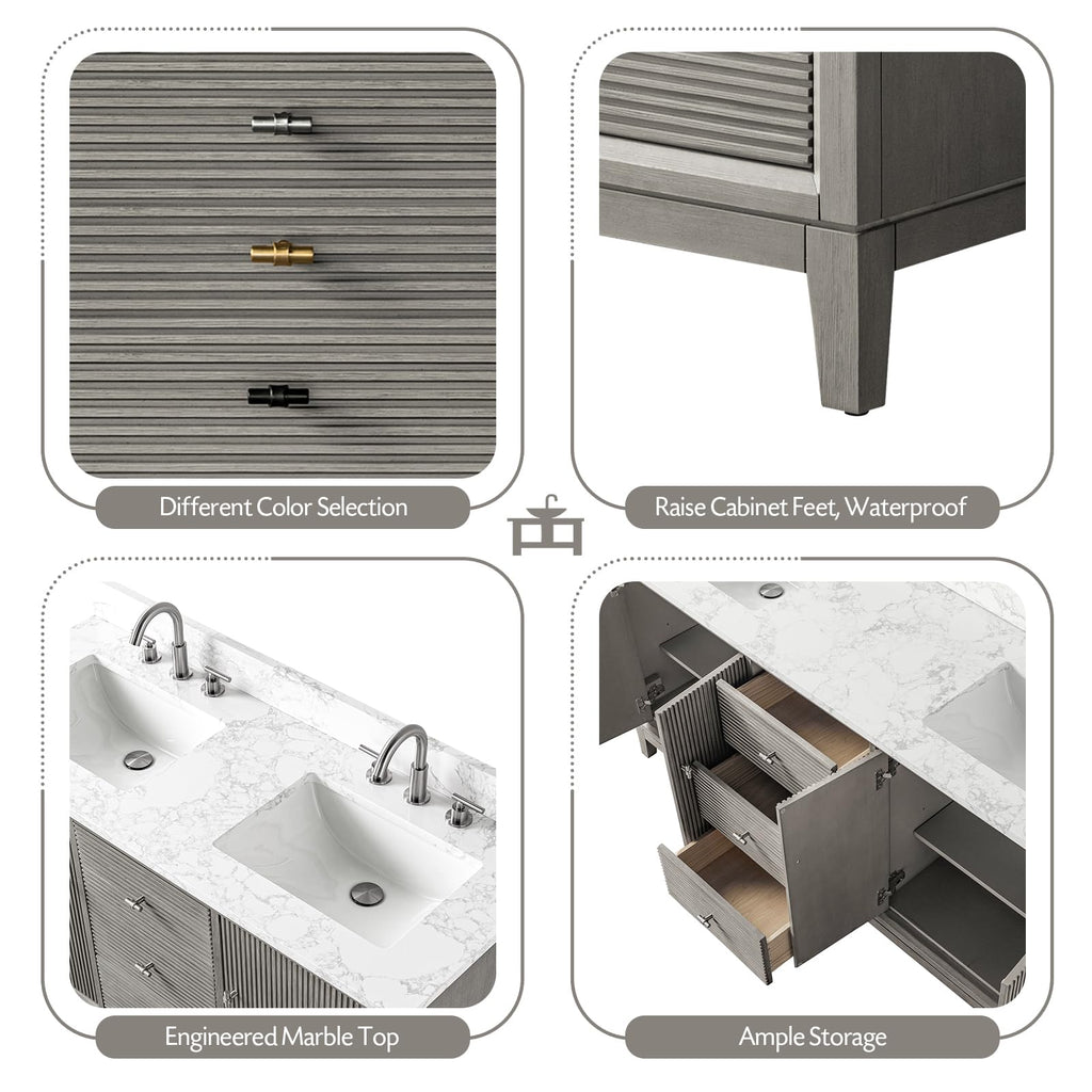 Vanity Art 72" Bathroom Vanity with Double Sink & Arabescato White Engineered Stone Top, Vanity Cabinet with Soft Closing Door, Solid Wood Frame, Golden Brushed Handles, Walnut VA8172D-Walnut-GB