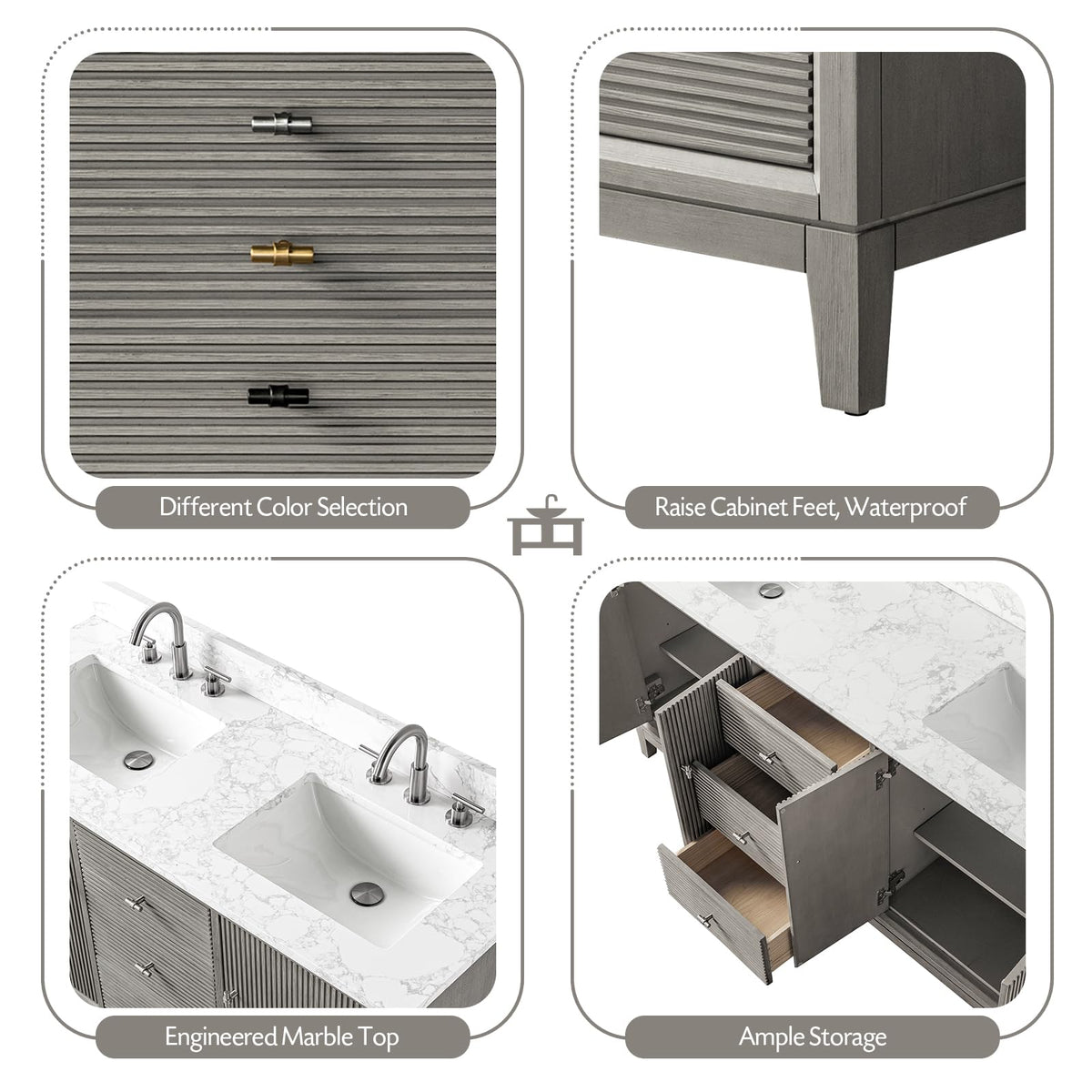 Vanity Art 72" Bathroom Vanity with Double Sink & Arabescato White Engineered Stone Top, Vanity Cabinet with Soft Closing Door, Solid Wood Frame, Golden Brushed Handles, Walnut VA8172D-Walnut-GB