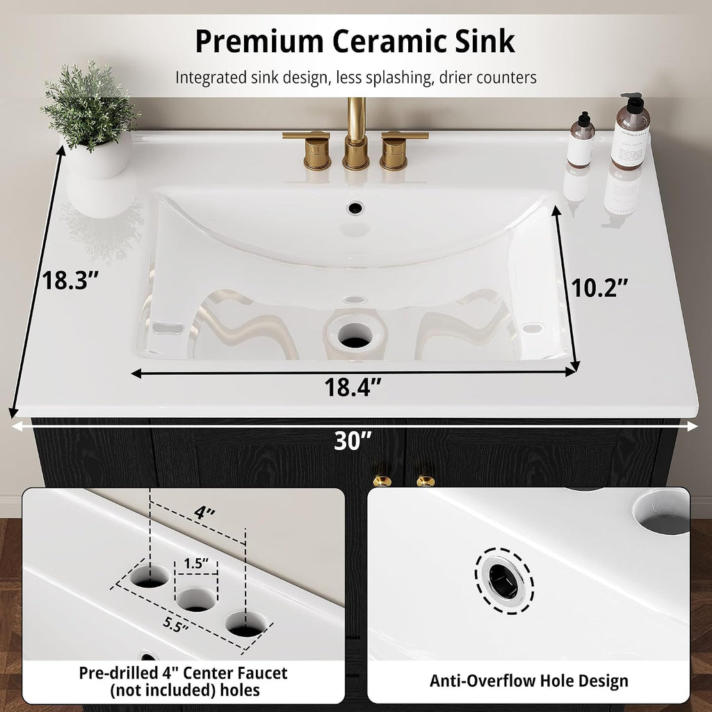 IRONCK Bathroom Vanity with Ceramic Sink, 30" Bathroom Cabinet, Black