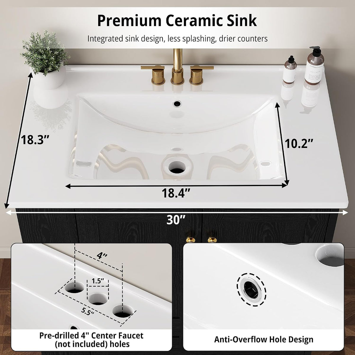 IRONCK Bathroom Vanity with Ceramic Sink, 30" Bathroom Cabinet, Black