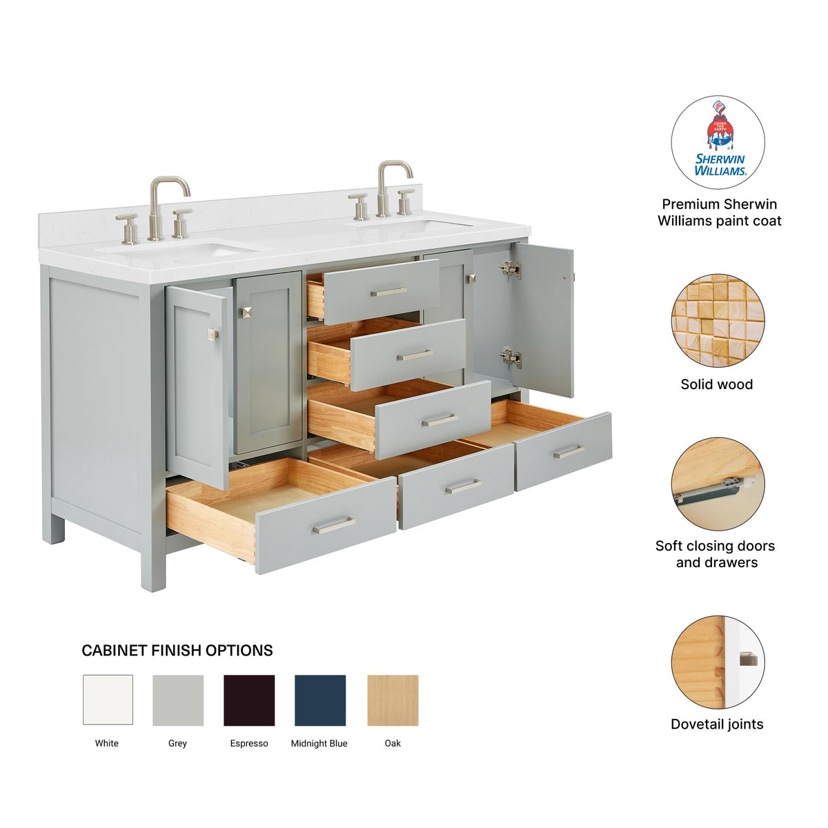 DKB Isabella 66" White Double Bathroom Vanity with 1.5" Carrara Quartz Countertop, Double Rectangular Undermount Sinks, 4 Soft Closing Doors, 6 Dovetail Drawers
