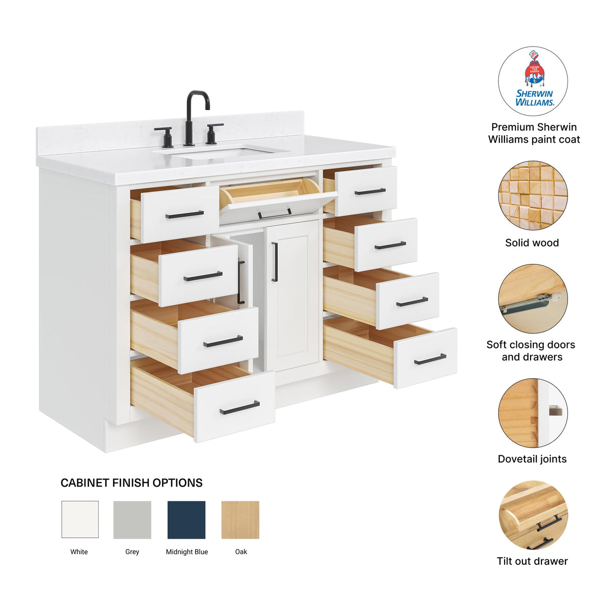 DKB Emilia 48-Inch Bathroom Vanity with Sink â Midnight Blue Single Sink Bathroom Vanity, 1.5" Edge Carrara Quartz Countertop, Solid Wood, 2 Soft Closing Doors, 9 Dovetail Drawers