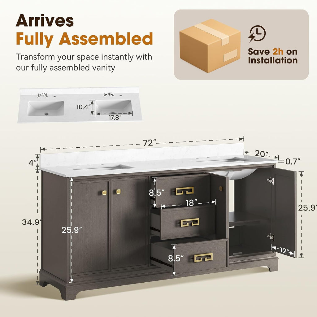 72 Inch Double Sink Bathroom Vanity Solid Wood, Fully Assembled