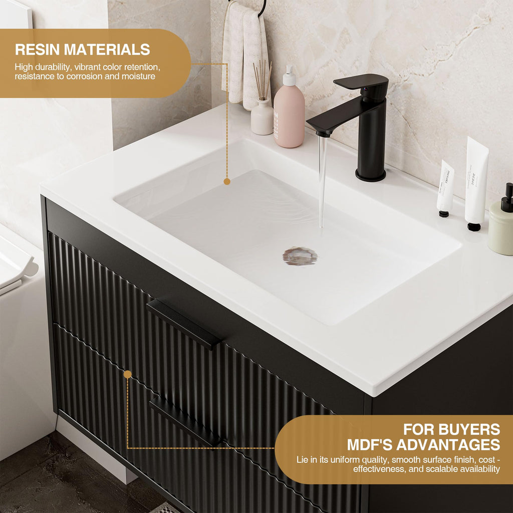 24 Inches Modern MDF Bathroom Vanity with Sink, Wall Mounted Floating Cabinets w/Double Drawers, Black Handles, White Resin Sink Combo Set (Black, 24")