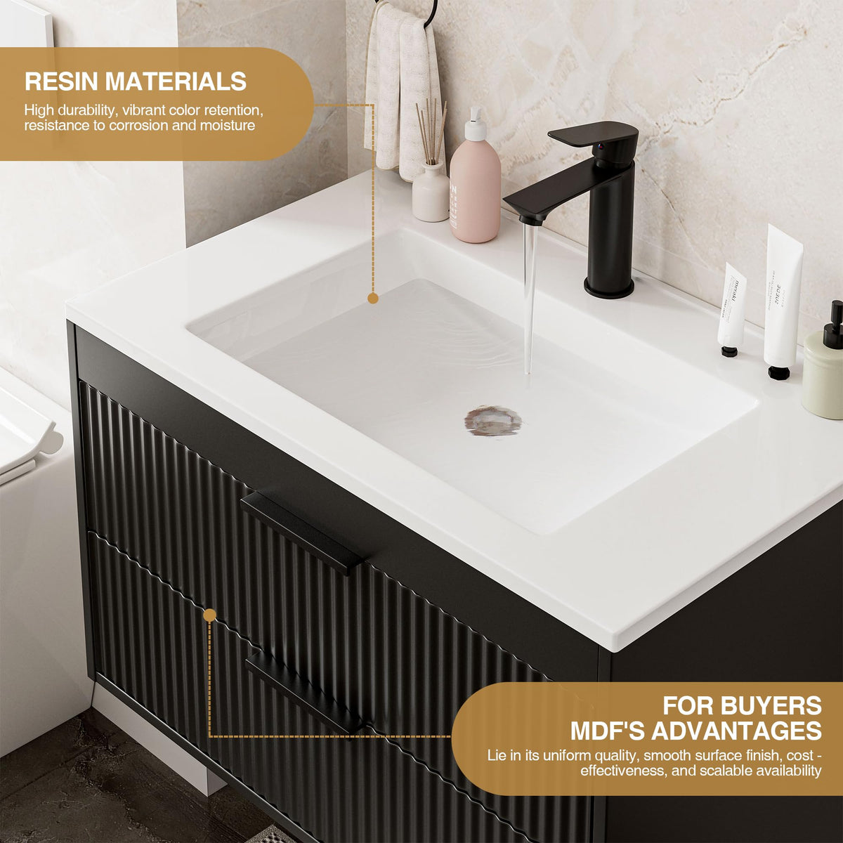24 Inches Modern MDF Bathroom Vanity with Sink, Wall Mounted Floating Cabinets w/Double Drawers, Black Handles, White Resin Sink Combo Set (Black, 24")
