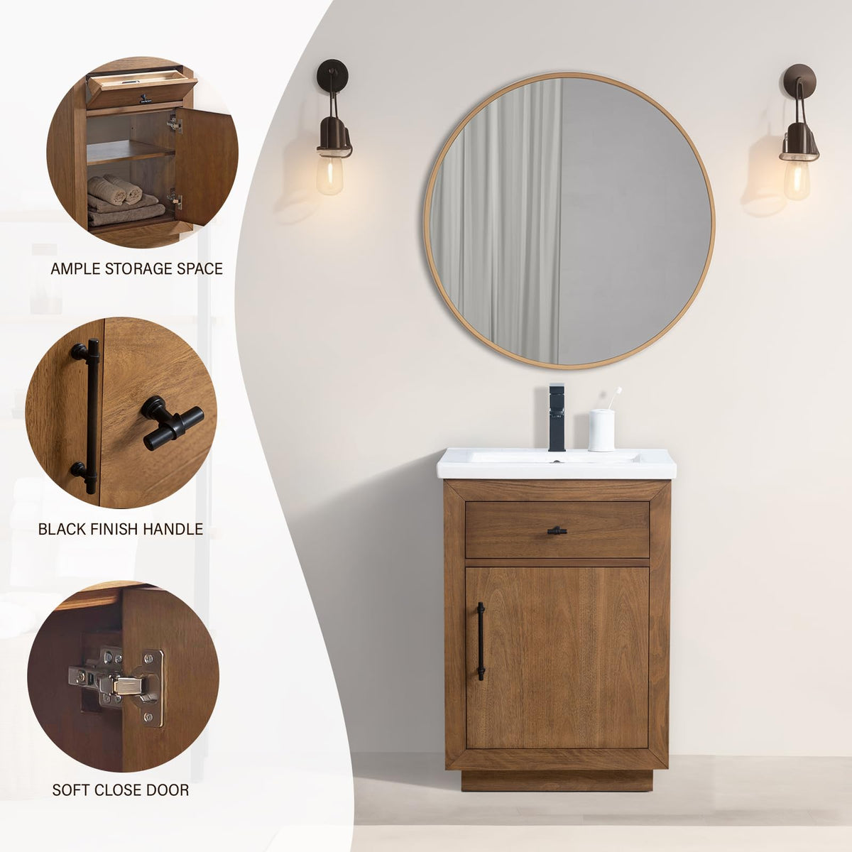 HOMEBEYOND 72" Bathroom Vanity with Double Sink & Ceramic Top, MDF Material Vanity Cabinet with Basin Combo, Soft-Closing Doors, Removable Shelf, Backsplash, Tan