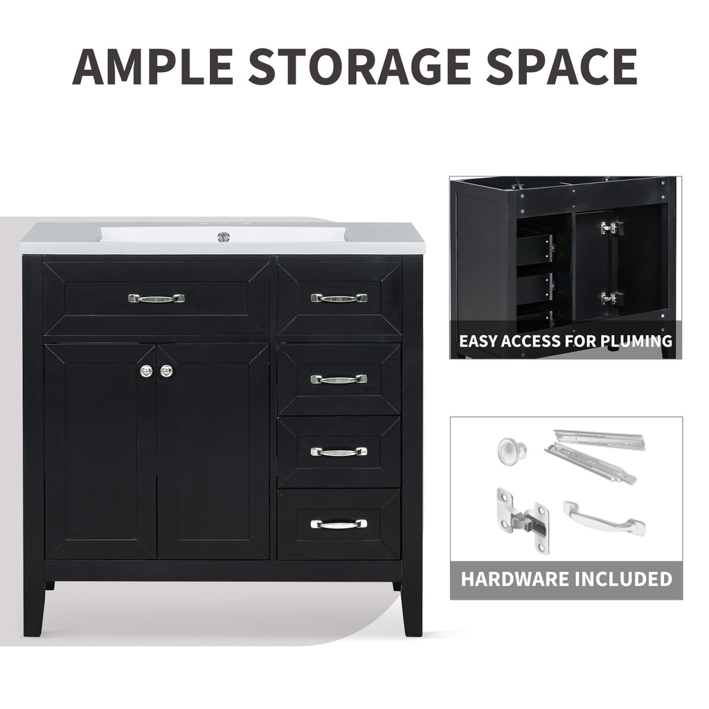 36 Inch Bathroom Vanities with Undermount Ceramic Sink, Storage Cabinet with Soft Closing Doors and Three Drawers, Solid Wood Frame, Natural Wood