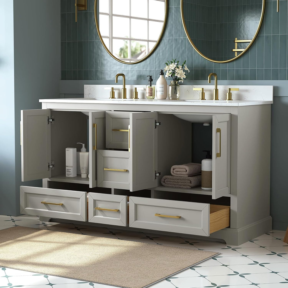 60 Inch Bathroom Vanity with Double Sink Combo, Greige
