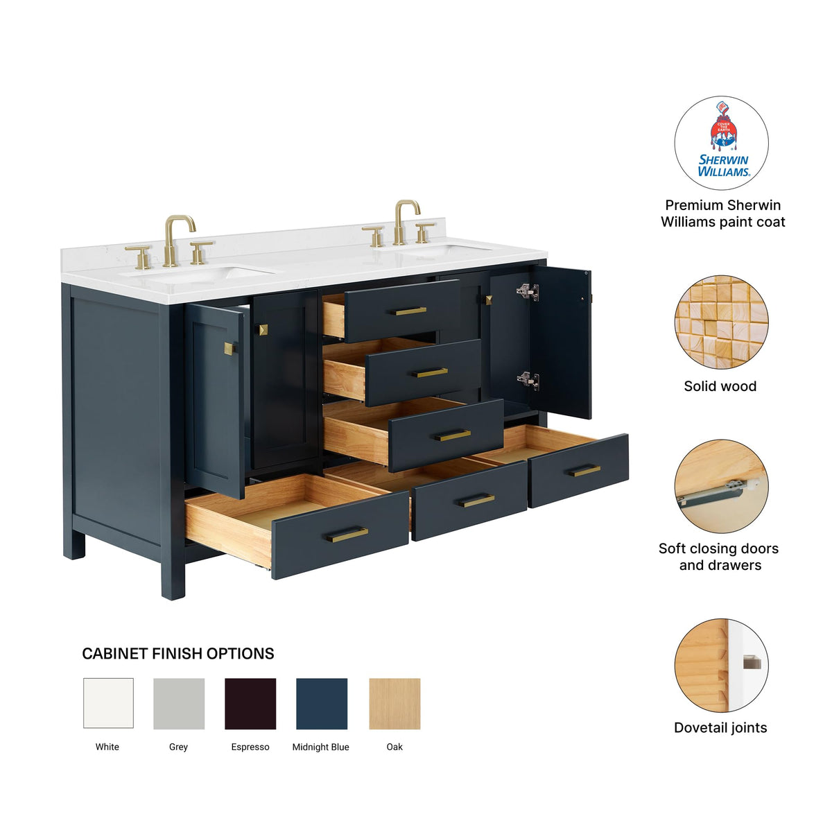 DKB Isabella 66" White Double Bathroom Vanity with 1.5" Carrara Quartz Countertop, Double Rectangular Undermount Sinks, 4 Soft Closing Doors, 6 Dovetail Drawers