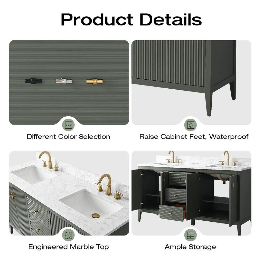Vanity Art 84 inch Bathroom Vanity with Double Sink & Ceramic Top, Vanity Cabinet with Soft-Closing Door, Solid Wood Frame, Linear Pattern, Walnut, Golden Brushed Handware,Vintage Green