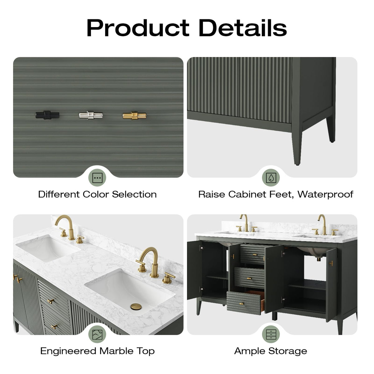 Vanity Art 84 inch Bathroom Vanity with Double Sink & Ceramic Top, Vanity Cabinet with Soft-Closing Door, Solid Wood Frame, Linear Pattern, Walnut, Golden Brushed Handware,Vintage Green