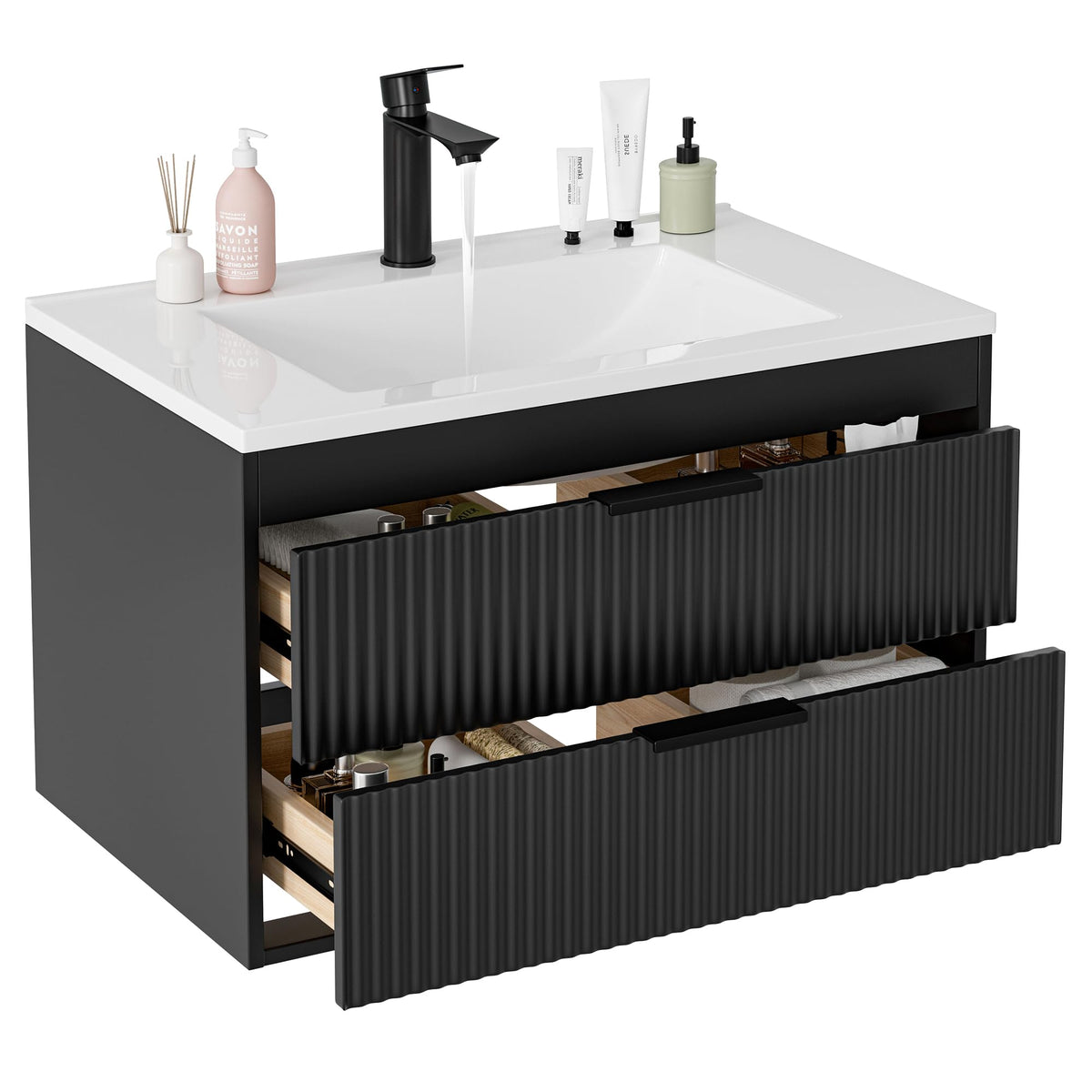 24 Inches Modern MDF Bathroom Vanity with Sink, Wall Mounted Floating Cabinets w/Double Drawers, Black Handles, White Resin Sink Combo Set (Black, 24")