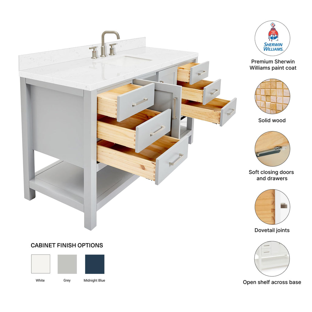 DKB Isabella 60 Inch Bathroom Vanity Single Sink â White Bathroom Vanity with Sink, 1.5" Edge Carrara White Quartz Countertop, Solid Wood, 2 Soft-Close Doors, 8 Dovetail Drawers + Tilt Drawer