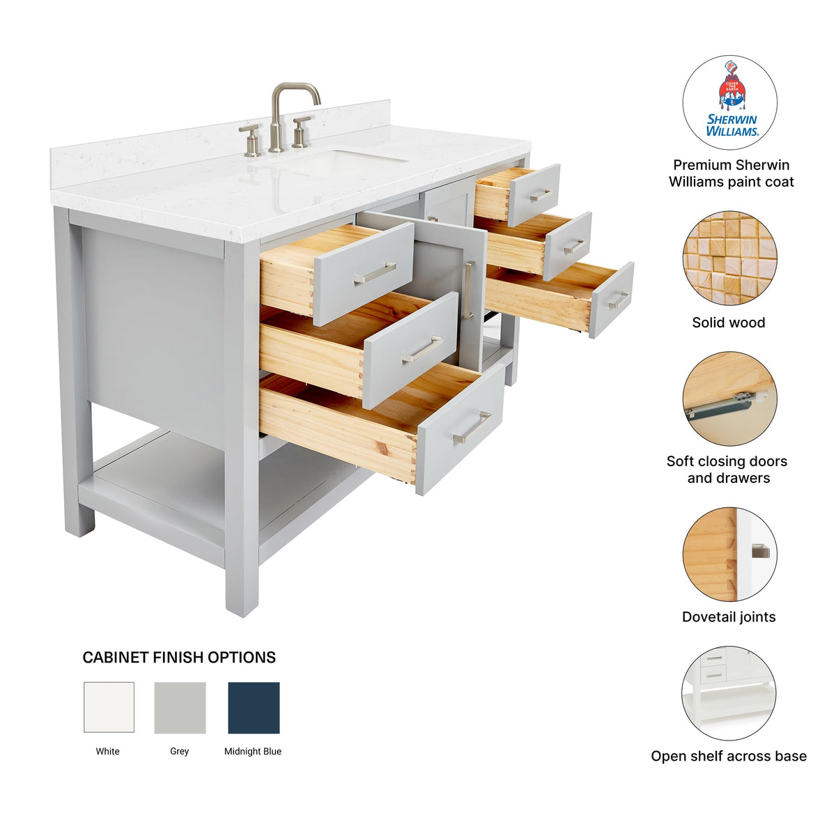 DKB Isabella 60 Inch Bathroom Vanity Single Sink â White Bathroom Vanity with Sink, 1.5" Edge Carrara White Quartz Countertop, Solid Wood, 2 Soft-Close Doors, 8 Dovetail Drawers + Tilt Drawer