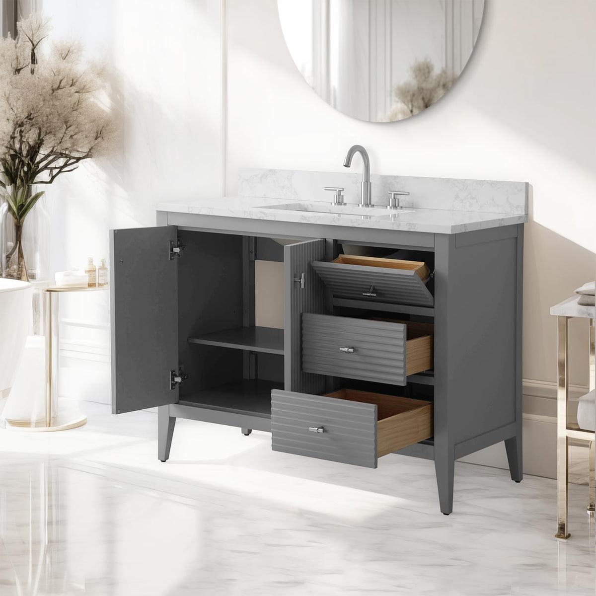 Vanity Art 84 inch Bathroom Vanity with Double Sink & Ceramic Top, Vanity Cabinet with Soft-Closing Door, Solid Wood Frame, Linear Pattern, Walnut, Golden Brushed Handware,Vintage Green