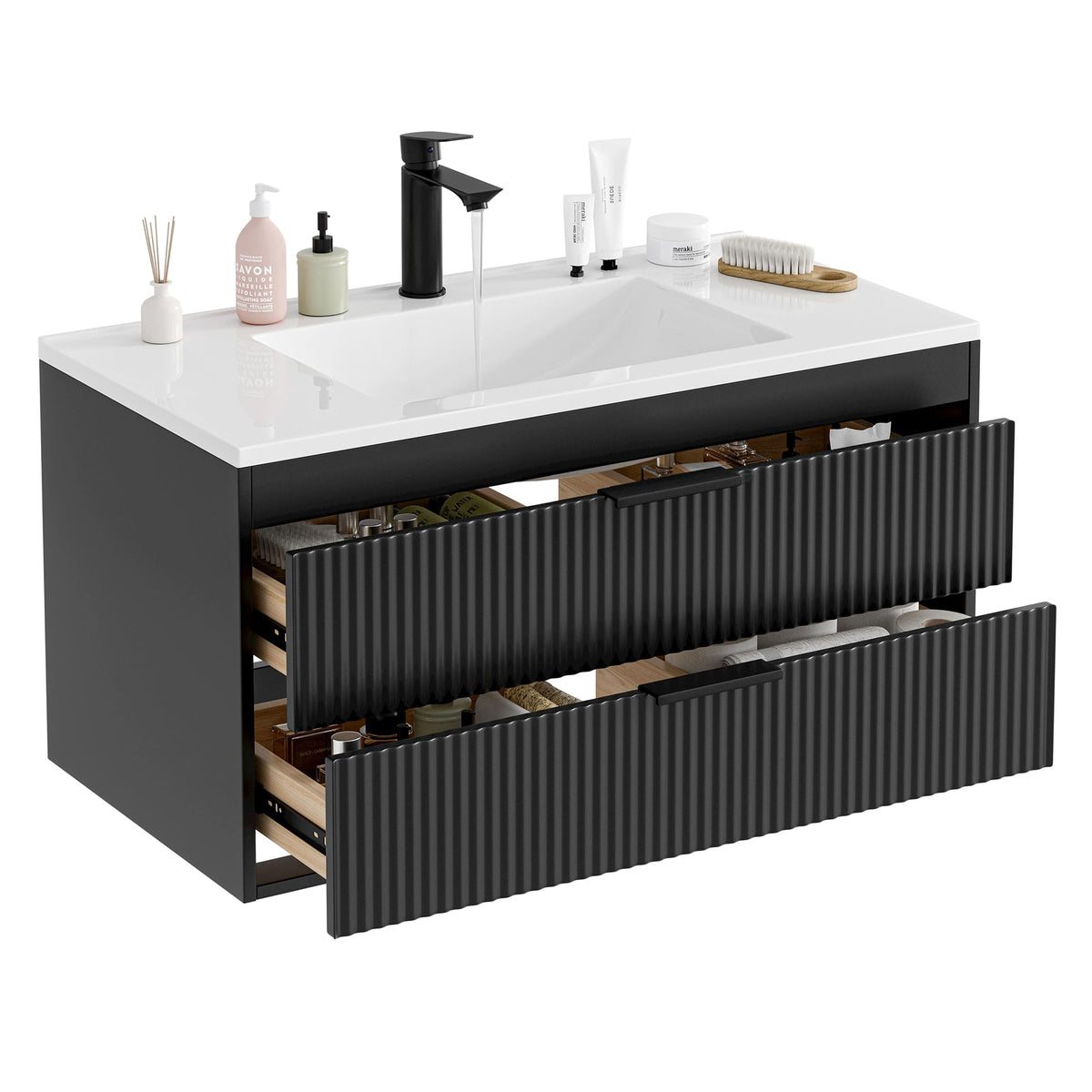 24 Inches Modern MDF Bathroom Vanity with Sink, Wall Mounted Floating Cabinets w/Double Drawers, Black Handles, White Resin Sink Combo Set (Black, 24")