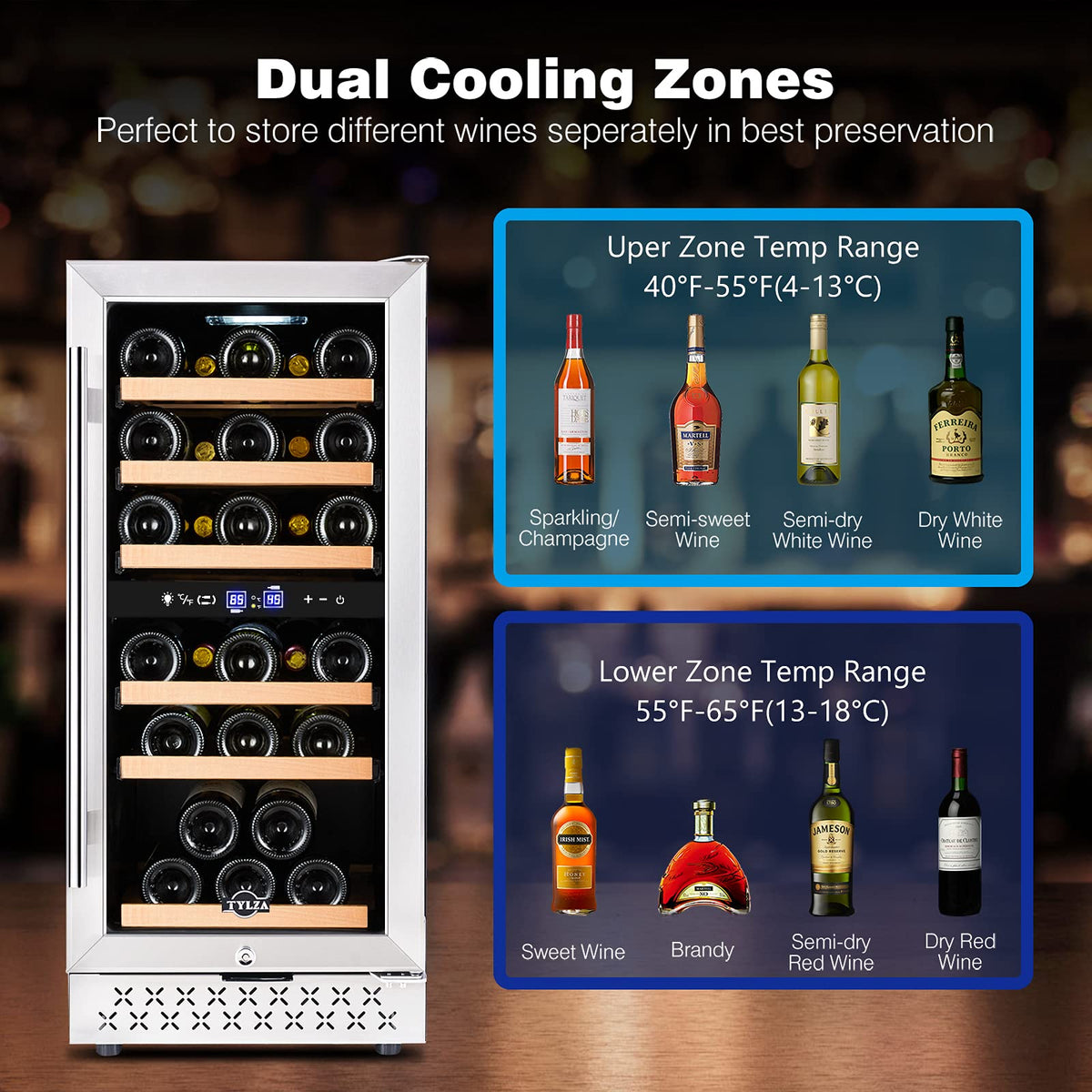 Tylza 24" Dual Zone Wine and Beverage Cooler Quiet Compressor