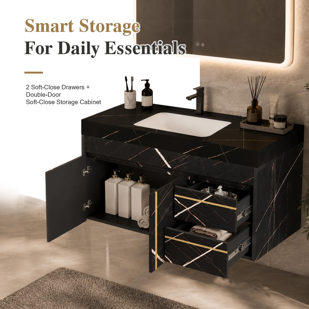 36 Inch Bathroom Vanity with Sink, Black Floating Wall Mounted Vanity