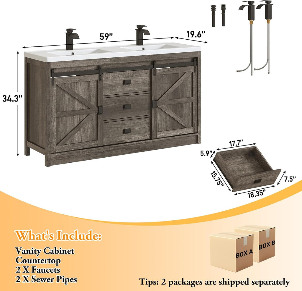 Double Bathroom Vanity with Sink & Faucet & Sewer Pipes,59" Farmhouse Bathroom Vanity Cabinet Set with 3 Storage Drawers & Sliding Barn Door,Double Sink Vanities With Metal Handle(Rustic Grey)