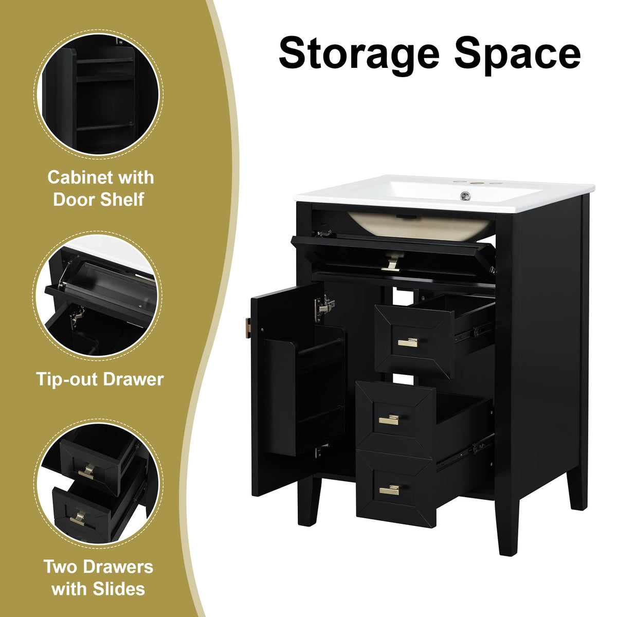 36 Inch Bathroom Vanities with Undermount Ceramic Sink, Storage Cabinet with Soft Closing Doors and Three Drawers, Solid Wood Frame, Natural Wood
