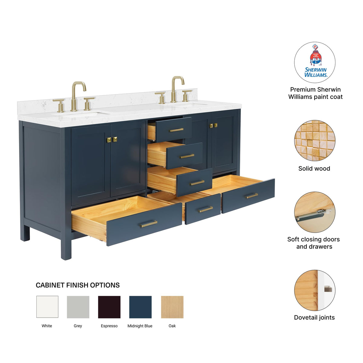 DKB Emilia 72 Inch Bathroom Vanity Double Sink â White Bathroom Vanity with Sink, 1.5" Edge Carrara White Quartz Countertop & Backsplash, 4 Soft-Close Doors, and 6 Dovetail Drawers
