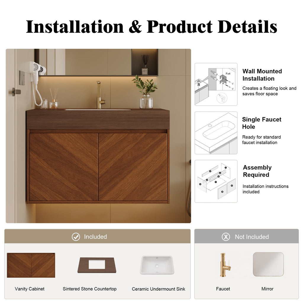36 Inch Bathroom Vanity with Sink, Black Floating Wall Mounted Vanity
