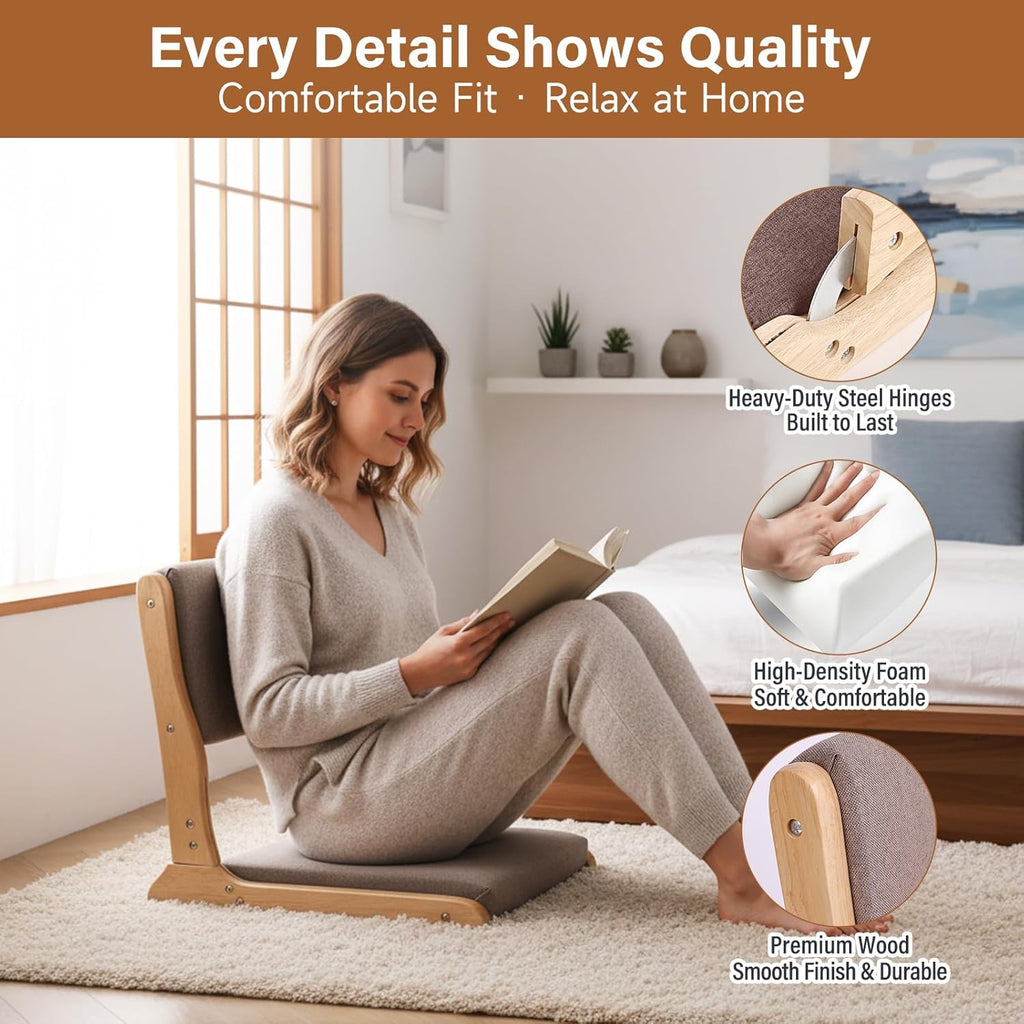 Tiita 2-Pack Foldable Meditation Floor Chairs with Back Support, Wood Grey