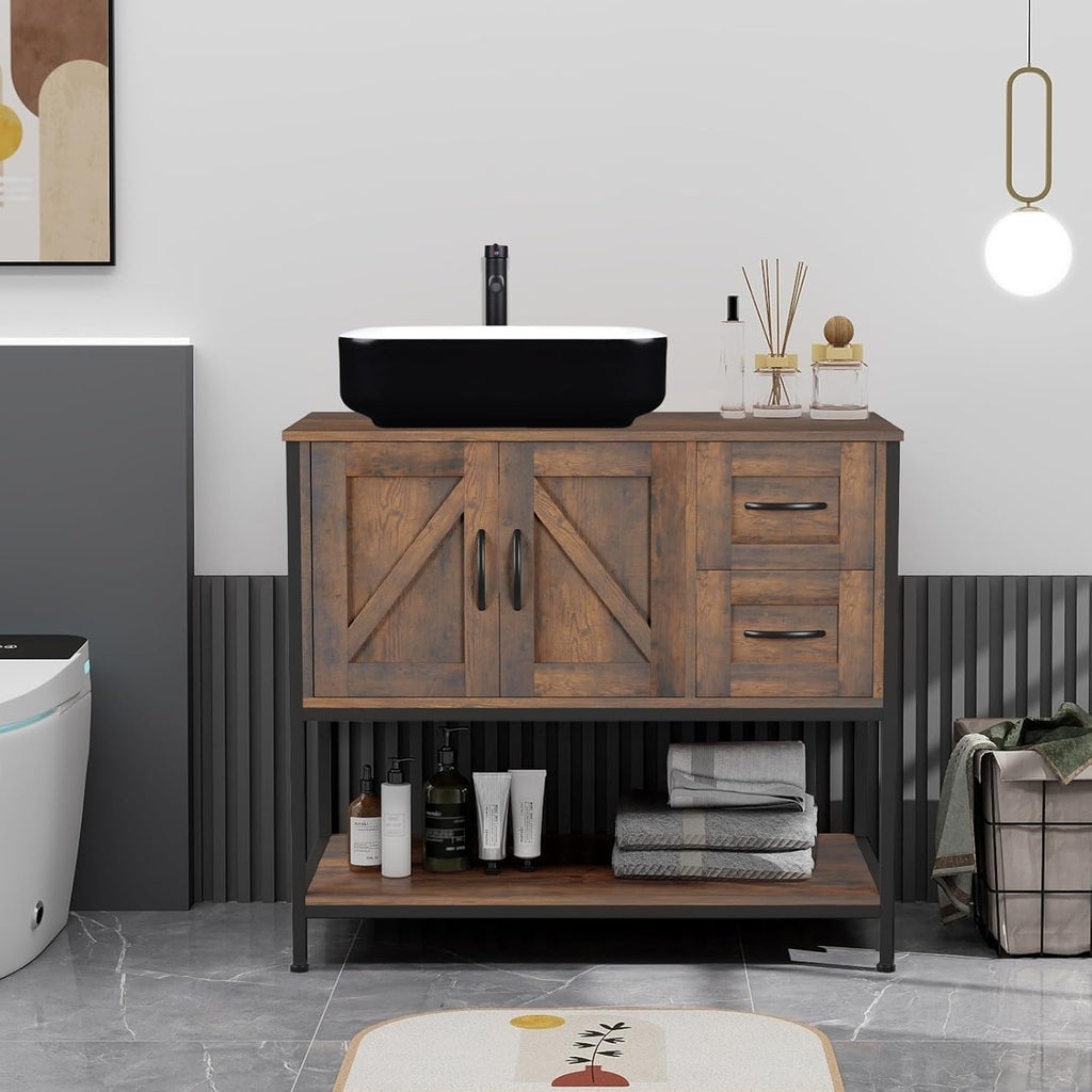 YOURLITE 36-Inch Farmhouse Bathroom Vanity with Vessel Sink, Rustic Brown