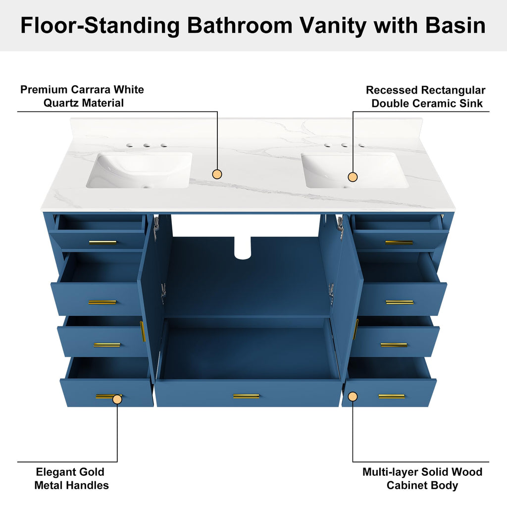 60" Bathroom Vanity Single Sink with 3 Hole, Sink Bathroom Vanity with Solid Wood Frame Storage,Soft Close Double Doors & 9 Sliding Drawers, with Gold Accents