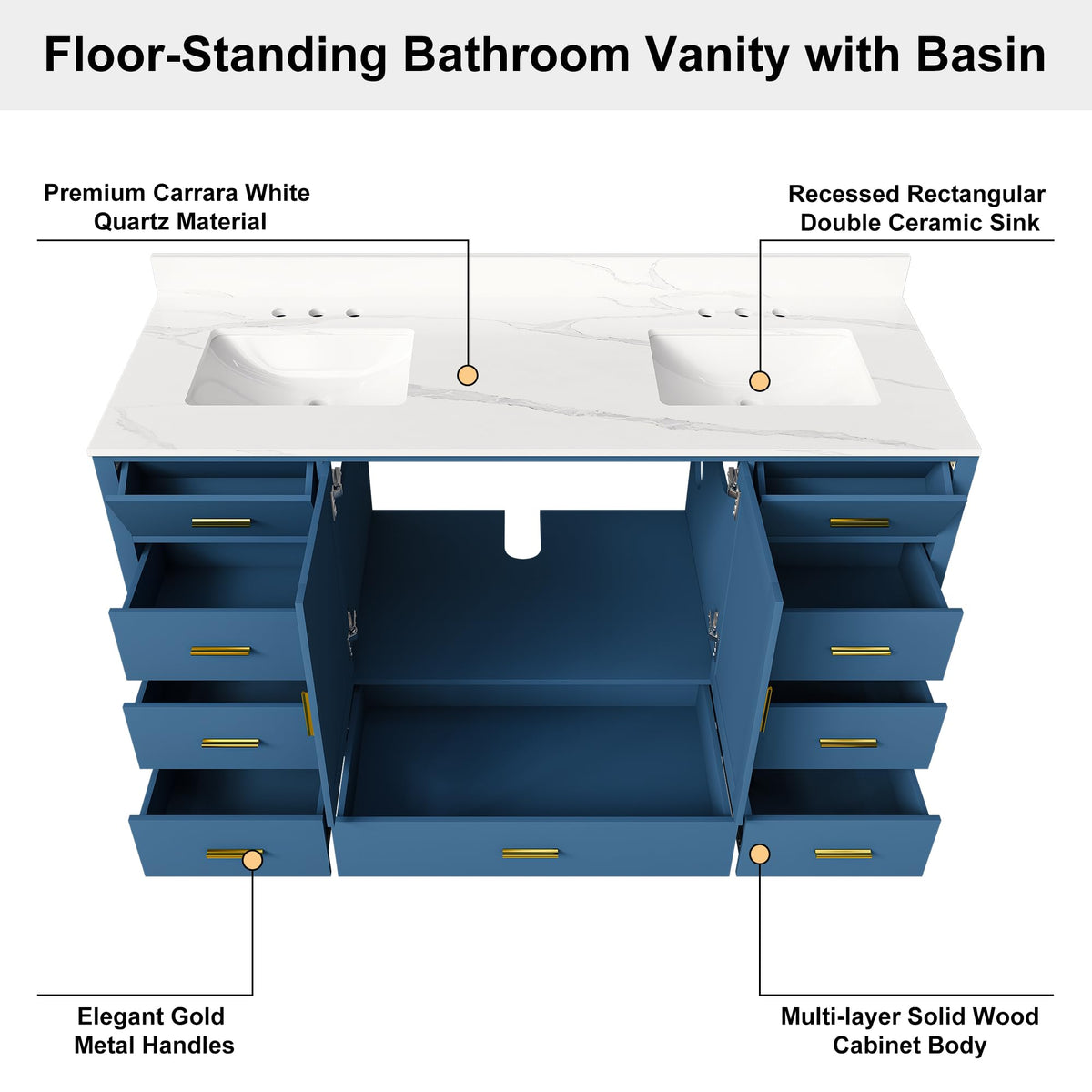 60" Bathroom Vanity Single Sink with 3 Hole, Sink Bathroom Vanity with Solid Wood Frame Storage,Soft Close Double Doors & 9 Sliding Drawers, with Gold Accents