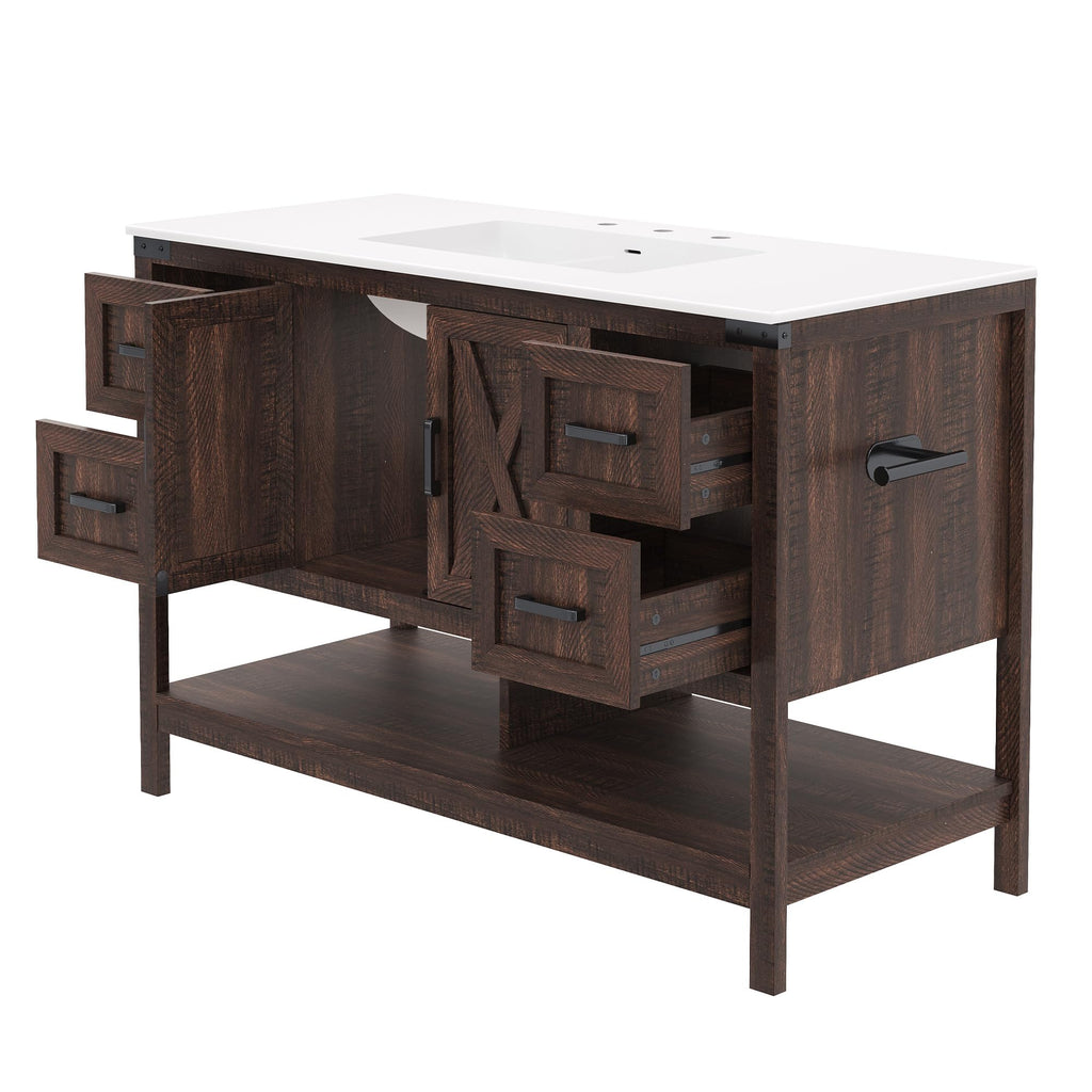 AMERLIFE 48" White Farmhouse Sink Bathroom Vanity, Solid White Top