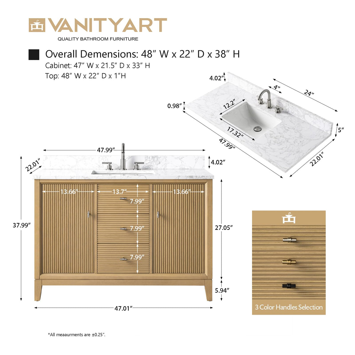 Vanity Art 72" Bathroom Vanity with Double Sink & Arabescato White Engineered Stone Top, Vanity Cabinet with Soft Closing Door, Solid Wood Frame, Golden Brushed Handles, Walnut VA8172D-Walnut-GB