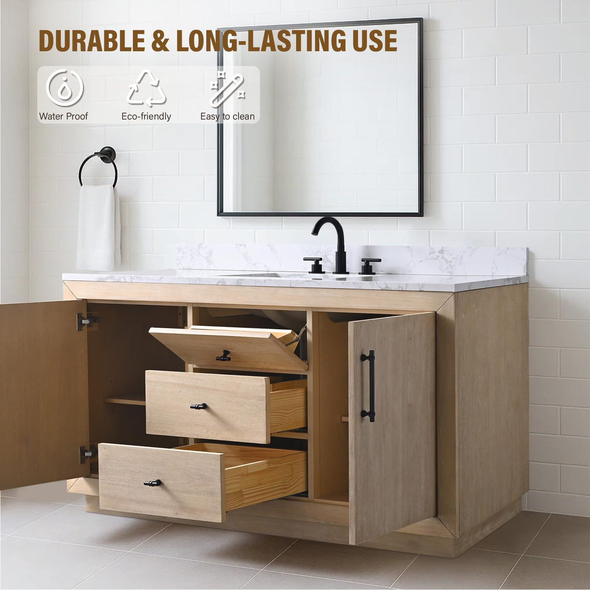 HOMEBEYOND 72" Bathroom Vanity with Double Sink & Ceramic Top, MDF Material Vanity Cabinet with Basin Combo, Soft-Closing Doors, Removable Shelf, Backsplash, Tan
