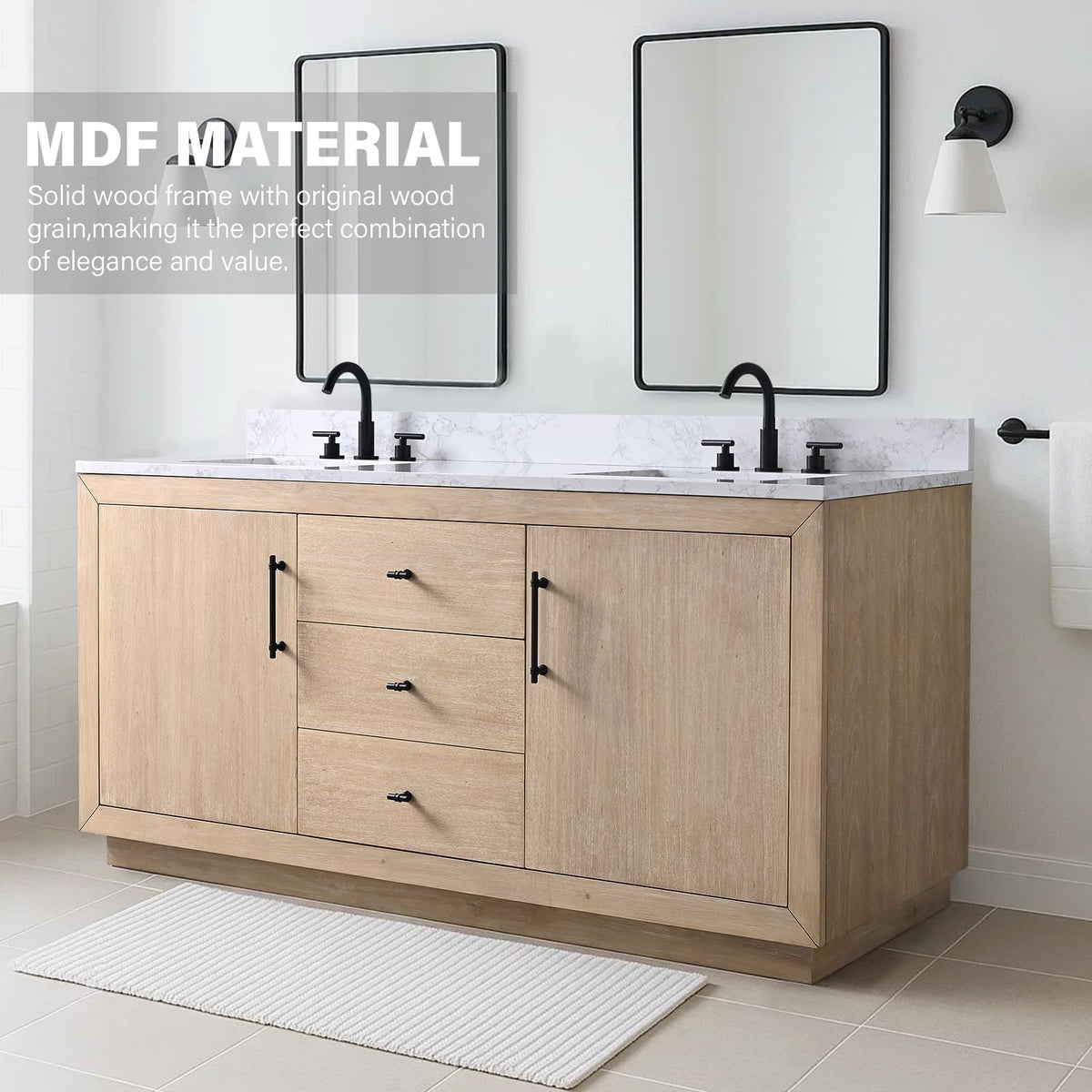 HOMEBEYOND 72" Bathroom Vanity with Double Sink & Ceramic Top, MDF Material Vanity Cabinet with Basin Combo, Soft-Closing Doors, Removable Shelf, Backsplash, Tan