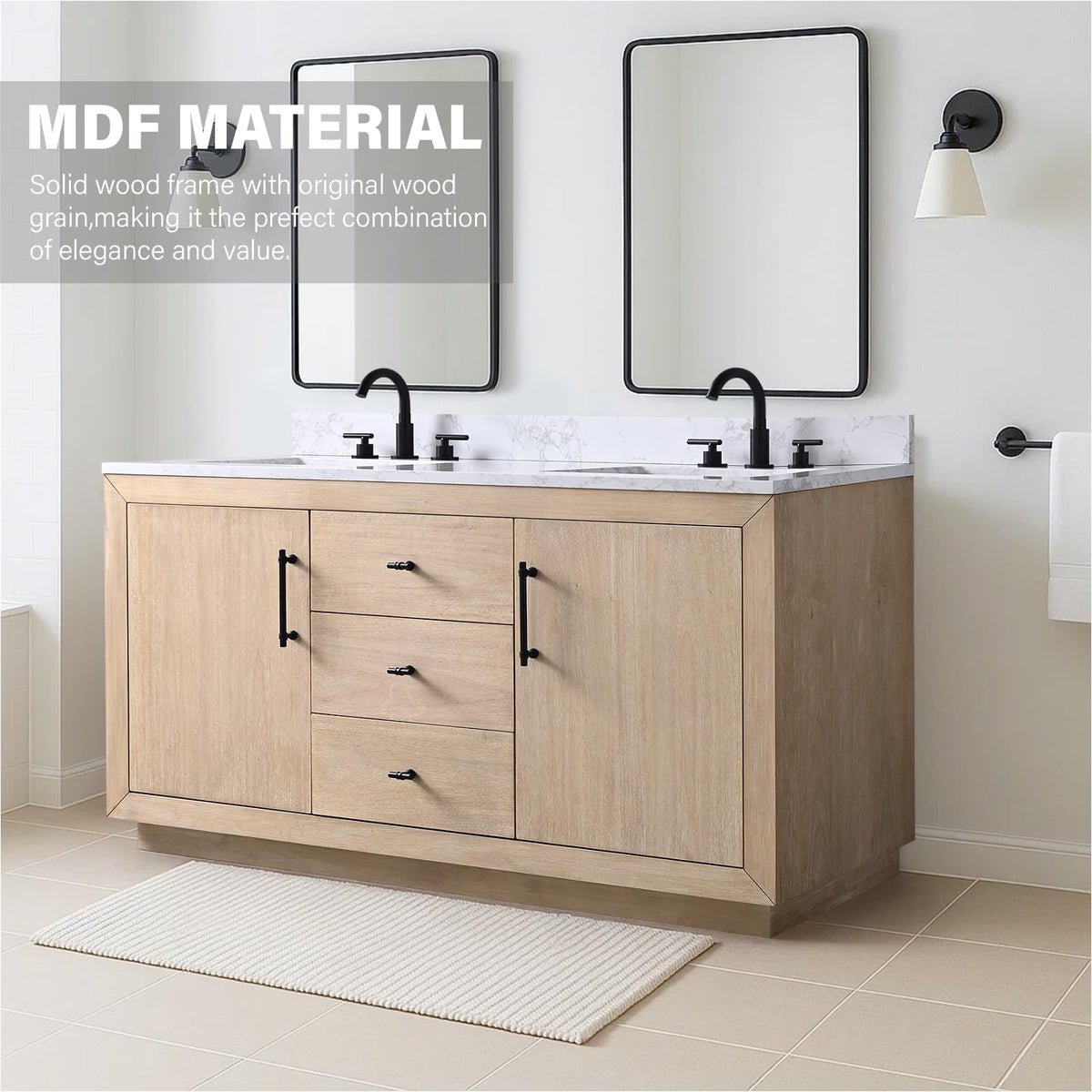 HOMEBEYOND 72" Bathroom Vanity with Double Sink & Ceramic Top, MDF Material Vanity Cabinet with Basin Combo, Soft-Closing Doors, Removable Shelf, Backsplash, Tan