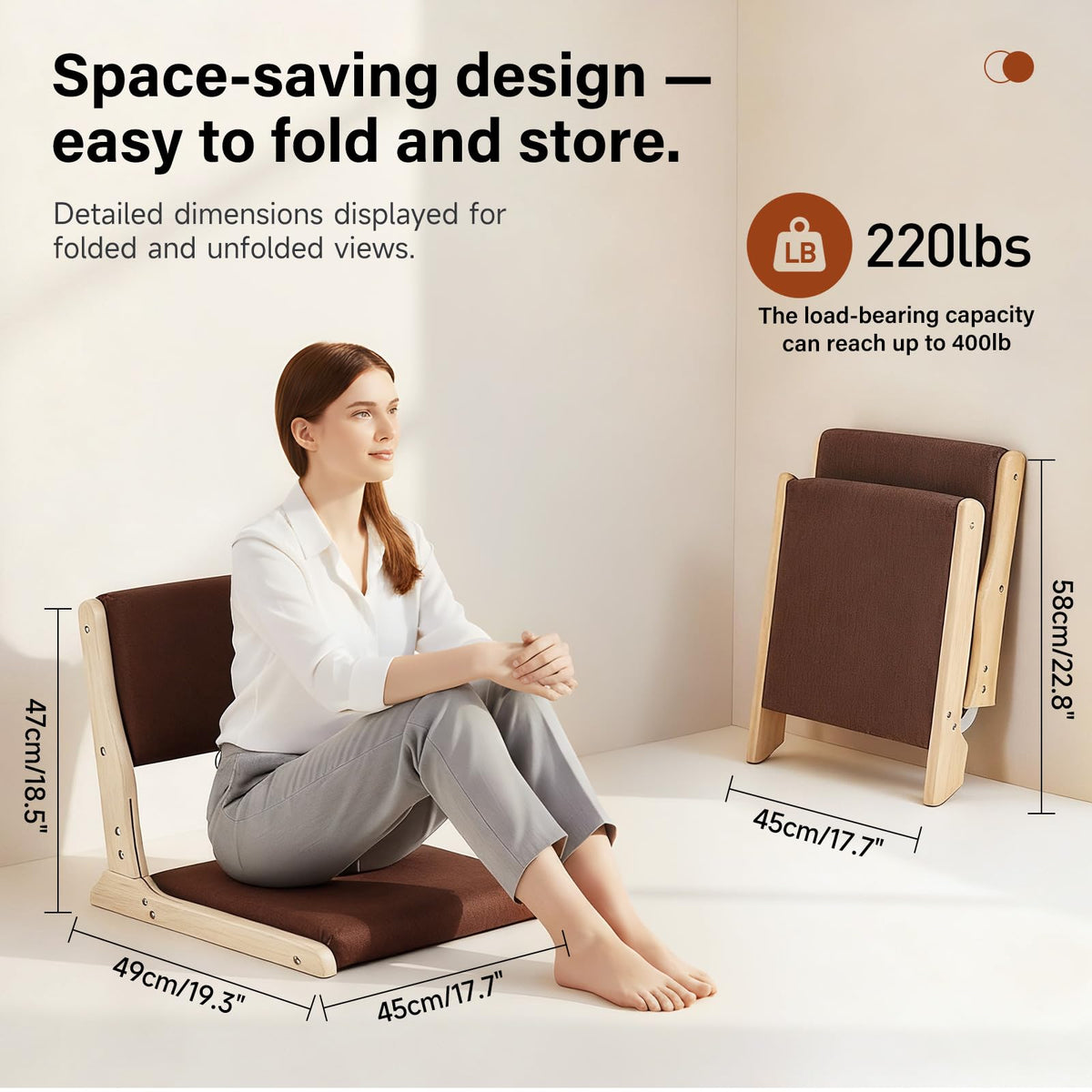Tiita 2-Pack Foldable Meditation Floor Chairs with Back Support, Wood Grey
