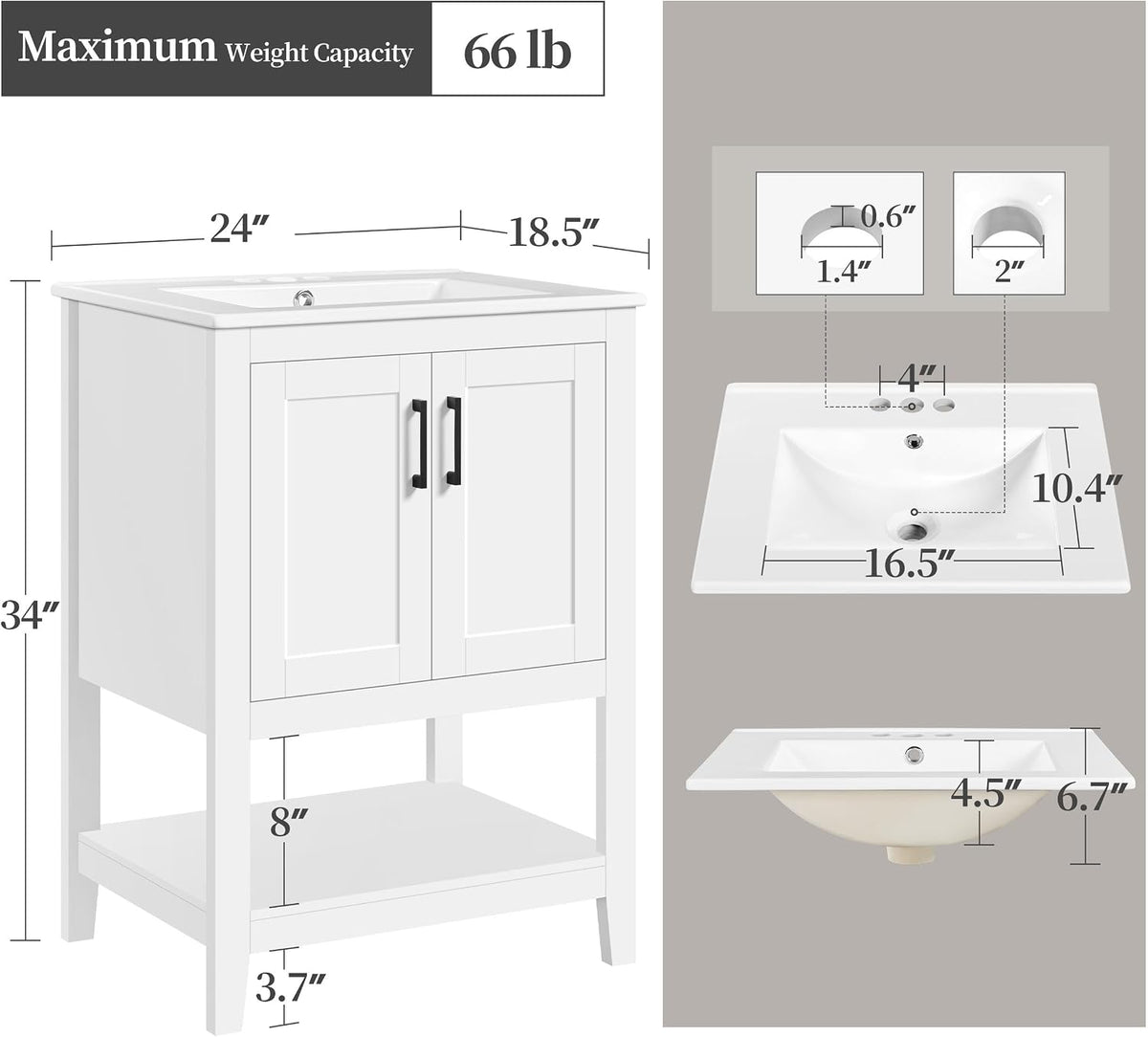 Yaheetech 24 Inch Freestanding Bathroom Vanity with Ceramic Sink, White