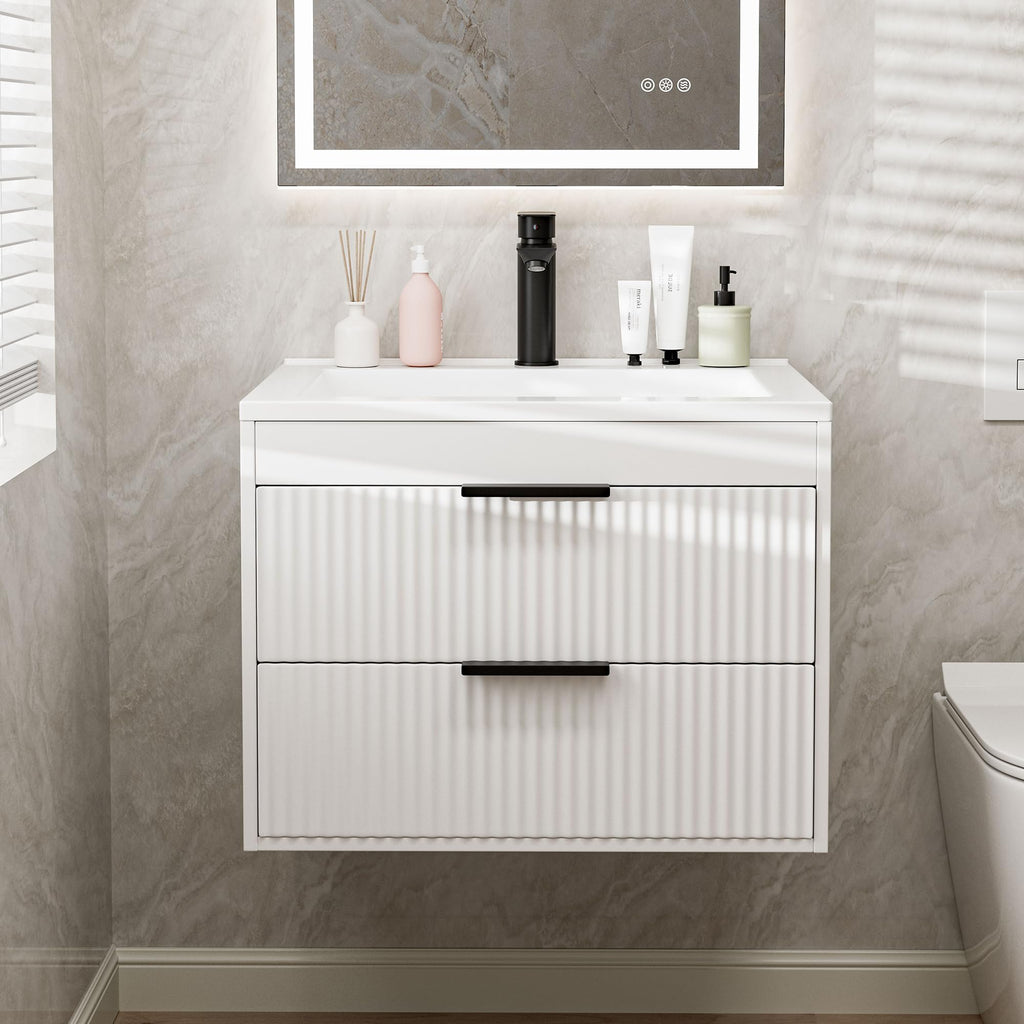 24 Inches Modern MDF Bathroom Vanity with Sink, Wall Mounted Floating Cabinets w/Double Drawers, Black Handles, White Resin Sink Combo Set (Black, 24")