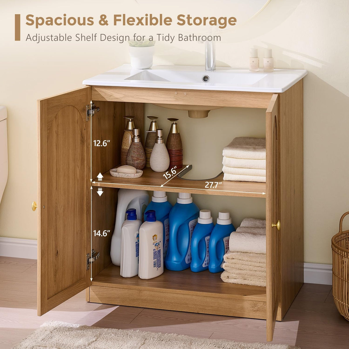 IFBUY 30 Inch Arched Bathroom Vanity with Sink, Fluted Design, Natural Oak