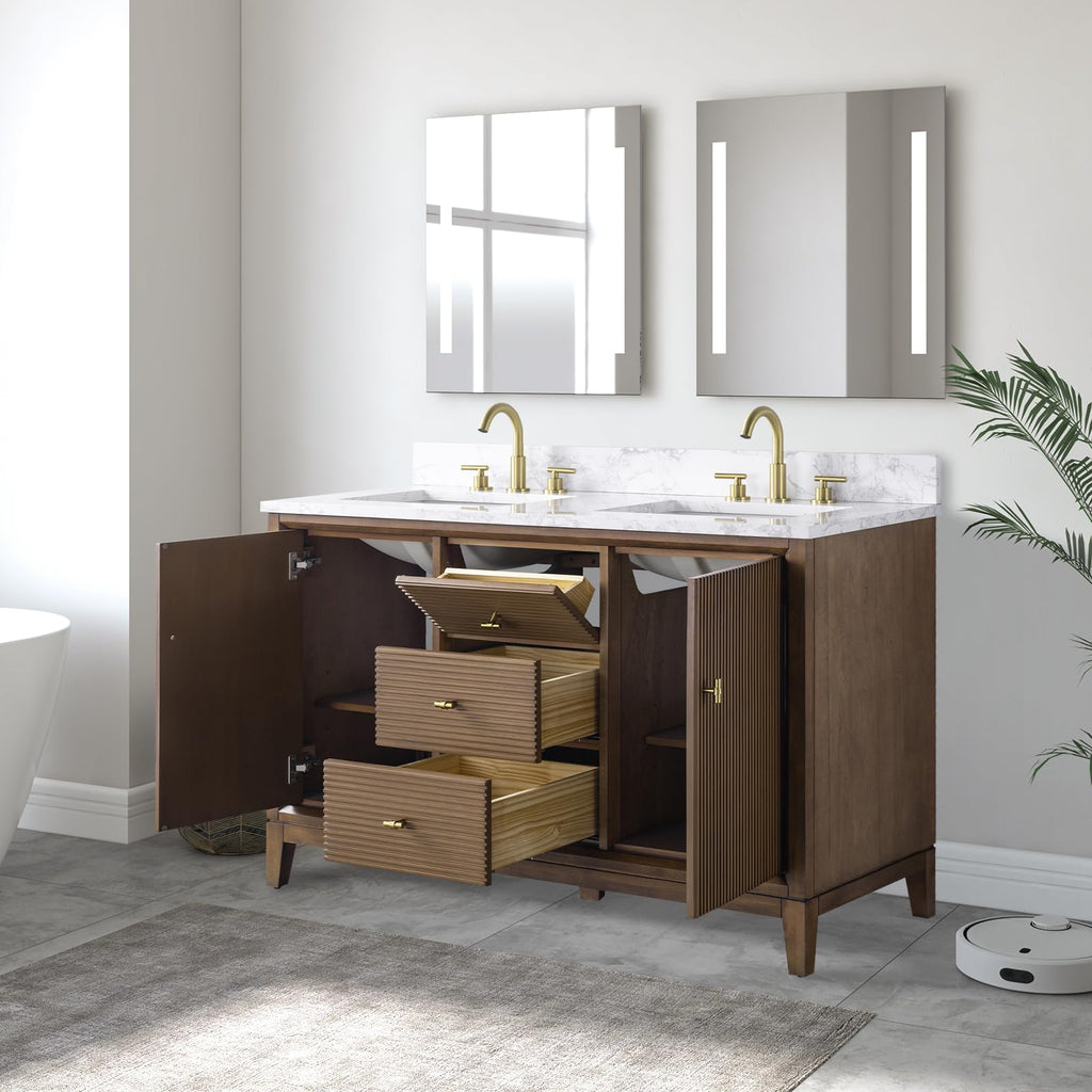 Vanity Art 72" Bathroom Vanity with Double Sink & Arabescato White Engineered Stone Top, Vanity Cabinet with Soft Closing Door, Solid Wood Frame, Golden Brushed Handles, Walnut VA8172D-Walnut-GB