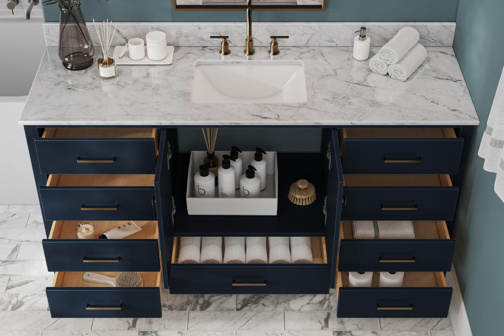 ARIEL Cambridge 66-inch Bathroom Vanity with Sink,Solid Wood, 1.5-inch Italian Carrara Marble Countertop, Single Rectangular Porcelain Sink, 2 Soft Closing Doors, 9 Dovetail Drawers, Midnight Blue