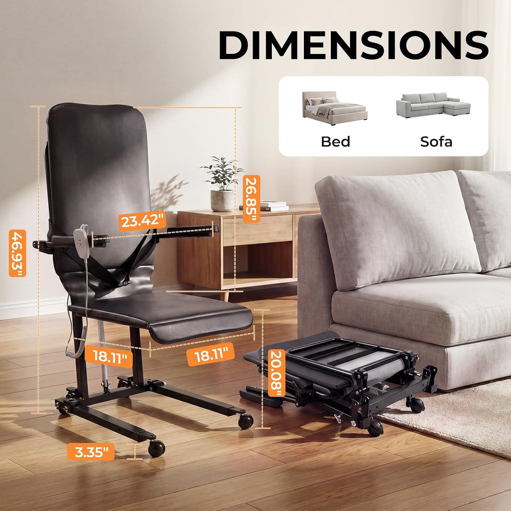 Upgrade Steel Electric Lift Chair with Advanced Wheels and PU Cushion, Floor Lift for Elderly, Support Up to 400 LBS, Safety Seat Belts and Handrails, Suitable for Home or Care Facilities Use, Black