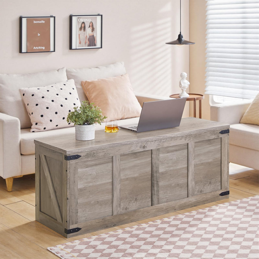HOOBRO 47.2âStorage Bench Large, Toy Box with 2 Safety Hinges, Farmhouse Wooden Storage Chest, Easy Assembly for Bedroom, Living Room, Entryway, White and Walnut WH520CW01